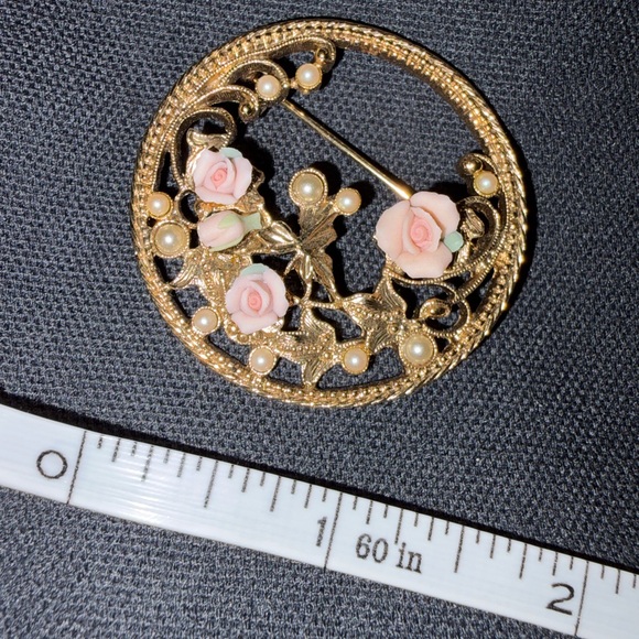 Gold Floral Porcelain Rose Brooch with Pearl Accents - Women Jewelry - Picture 5 of 7